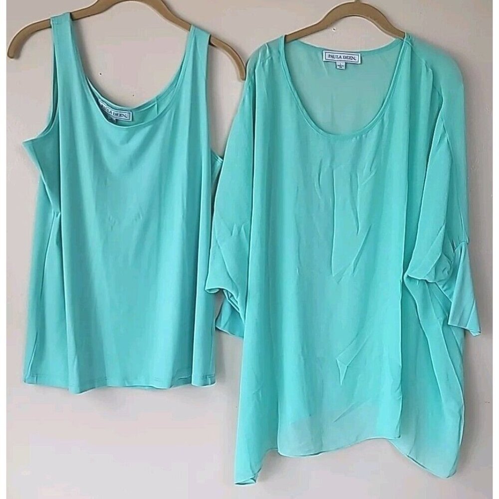 Paula Deen Blouse SzL Green Sheer Kimono Turnic Over Tank  3/4 Sleeve Ribbed Cuf